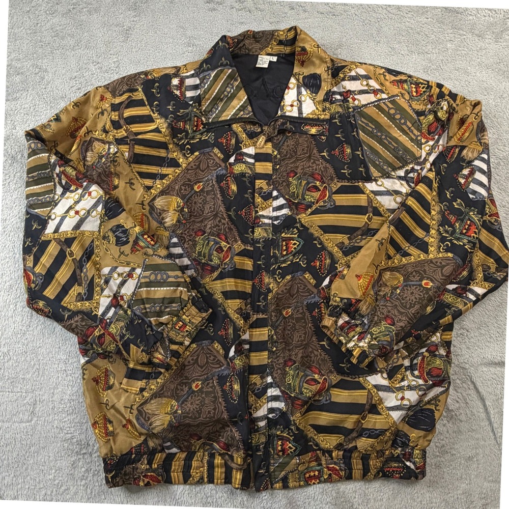 COACO Vintage 100% Silk Bomber Jacket Scarf Print Baroque Gold Brown Black Large